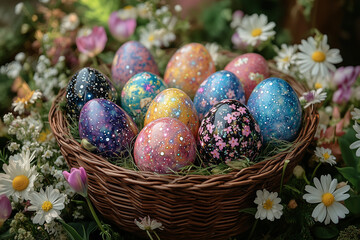 Fototapeta premium A basket of decorated Easter eggs with star and galaxy patterns, surrounded by pink and white flowers, placed on moss and greenery.