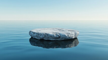  a round, flat rock floating on water, creating an illusion that it is in the air.