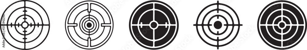 Poster   Collection of Target and Bullseye Vector Icons with Concentric Circles for Precision, Focus, and Goal-Oriented Concepts in Black and White