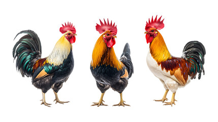 Fototapeta premium Pack Rooster Set in Different Poses Against Transparent Background for Farm Illustrations, Agriculture Branding, or Rural Design