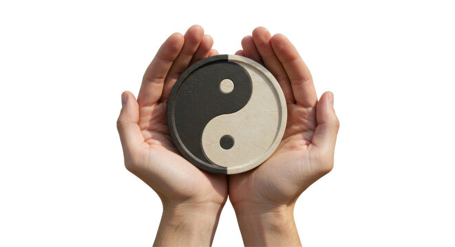 Isolated ying yang symbol in hands on white background
