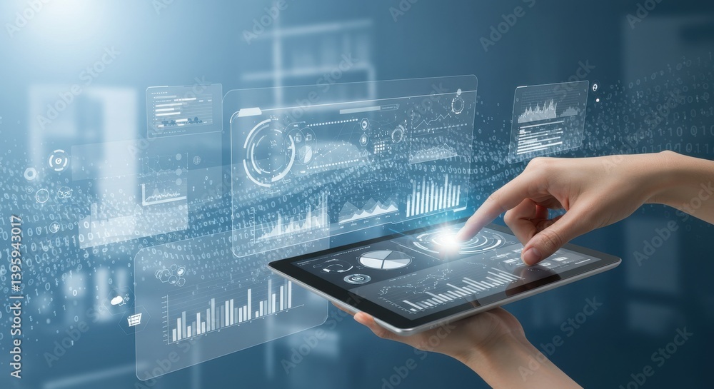 Poster a hand interacting with a digital tablet against a backdrop of abstract digital information display