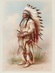 Artistic profile portrait of elderly Blackfoot chief in exquisite feather headdress and traditional attire, reflecting his wisdom and cultural heritage