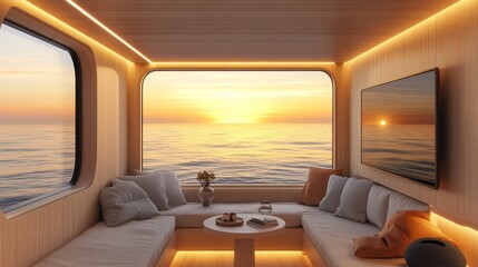 This cozy space features a beautiful sunset view over peaceful waters, creating an ideal ambiance for relaxation and creative inspiration