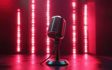 LIVE ON STAGE with vintage microphone, 3D rendering illustration design template for podcast show logo