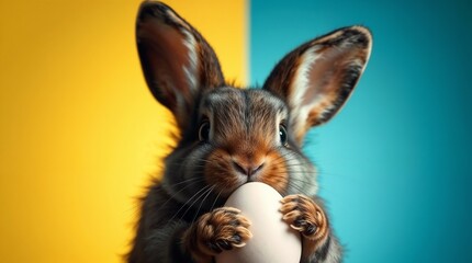Obraz premium Bunny holds Easter egg on yellow-blue background