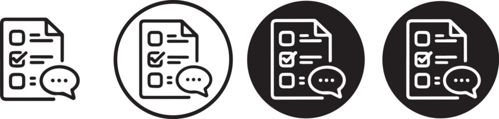  Black and White Document Checklist Icons with Speech Bubbles in Flat and Line Style Representing Communication, Feedback, and Task Management