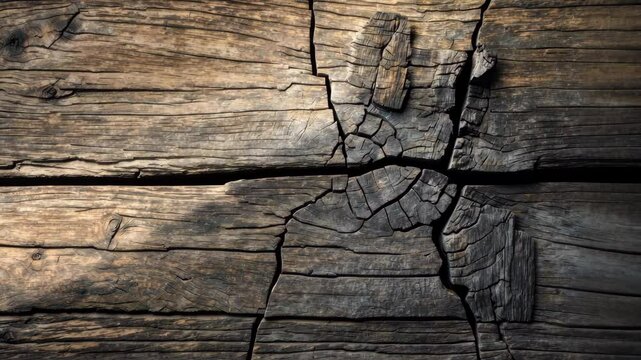 Weathered wood texture with fissures, showcasing a gray-black color. Ideal for wallpaper or background footage. Contains a space for text.