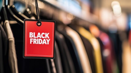 New collection sign tag hanging in fashion store, text "BLACK FRIDAY" written on red label sticker