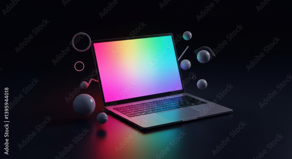 Poster a laptop with a rainbow colored screen surrounded by floating spheres on a dark background scene vie