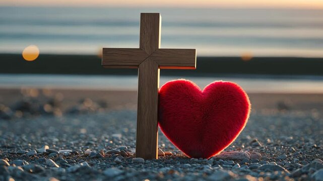 Red heart next to wooden cross on gravel in morning light, with beach and ocean in the background.