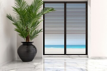 Lush Green Plant in Black Pot by Ocean View Window