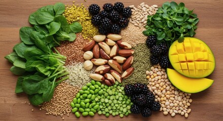 A colorful arrangement of plant-based foods including nuts, seeds, grains, legumes, leafy greens, blackberries, and mango on a wooden surface