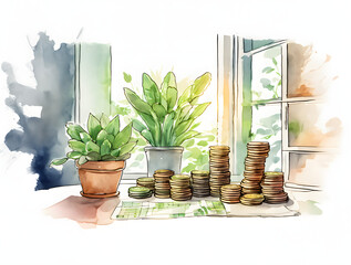 Stacked Coins and Plants by Open Window in Watercolor Style