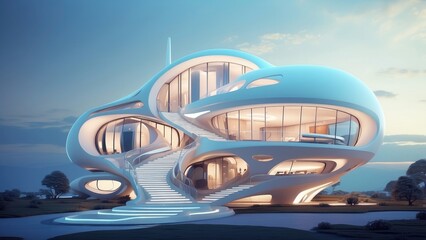 Obraz premium a rendering of a futuristic house with a staircase leading to the second floor