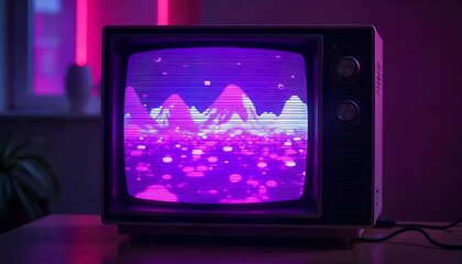 Retro wave style background displayed on vintage computer screen. VHS noise and glitch effects. Bright purple colors. Digital neon wireframe grid tunnel. Old display. 3D created with generative ai