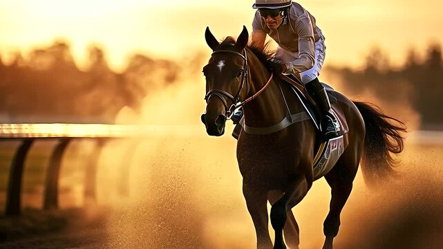 Focused image of a racehorse&rsquo;s glistening flanks, steam rising from its body in the cool air, bridle metal reflecting sunlight, the jockey urging the horse with laser focus