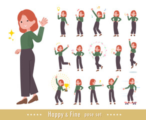 元気なポーズをしている赤髪女性のセット