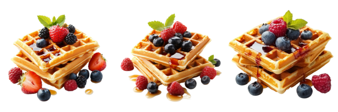 Set of Desayuno nutritivo servido en una mesa de madera clara, con waffles integrales, frutas frescas on transparent png background. Ai generated