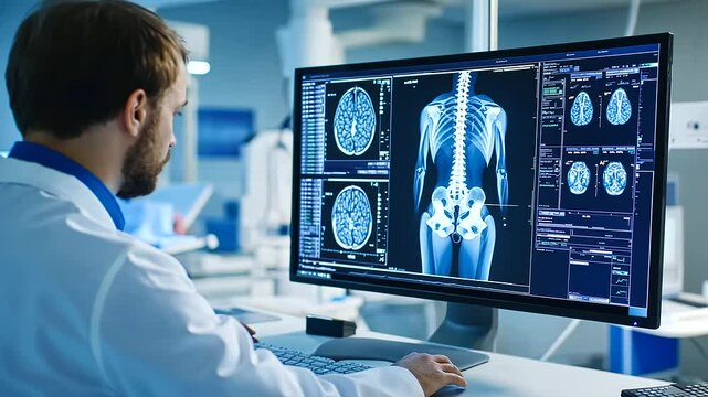 A hospital computer screen showcasing a full-body CT scan, highlighting the skeletal system and soft tissues, with the technician observing the scan results in a brightly lit radio