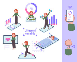 スマートフォンで行動と健康を管理している赤髪女性のセット