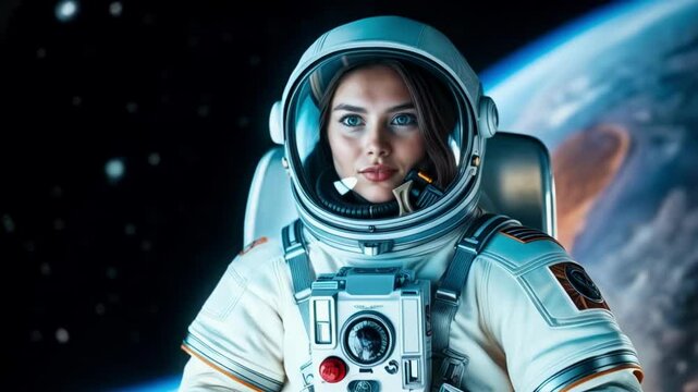 Close-up portrait of female astronaut in spacesuit. Young woman with intense gaze inside space helmet with ambient blue lighting. Future space exploration concept.