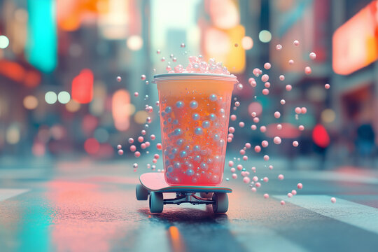 Bubble tea cup gliding on skateboard through a colorful urban street with vibrant lights and playful bubbles - Powered by Adobe