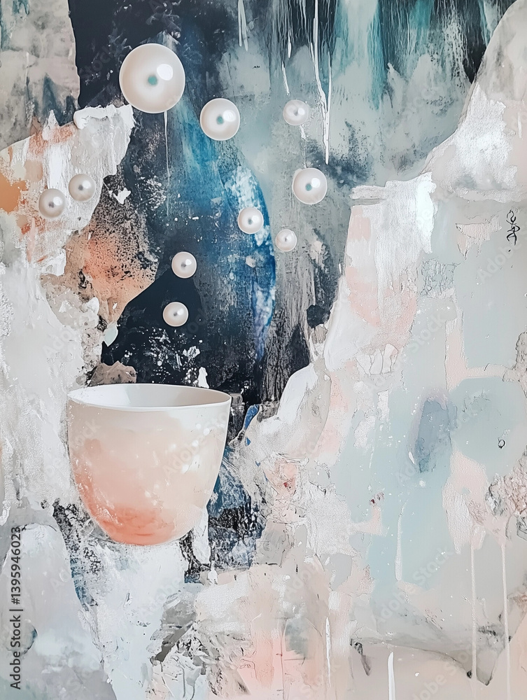 Poster bubble tea cup surrounded by floating bubbles against an abstract background in a serene setting