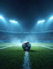 Soccer ball on field with bright stadium lights at night. Football game on green grass. Championship final competition. Sports event, league match. Audience in stands.