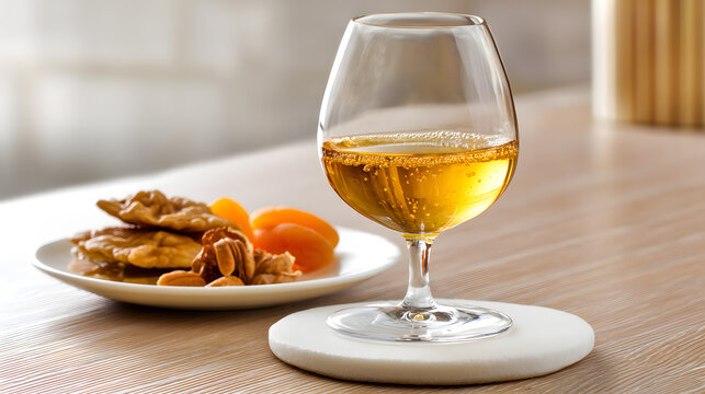 Exquisite Golden Dessert Wine in Elegant Glass Next to Savory Snacks on Table