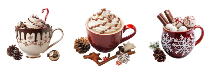 Set of A steaming mug of hot chocolate topped with whipped cream and cinnamon on transparent png background. Ai generated