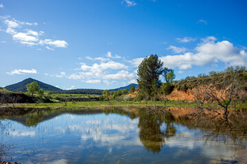 Landscape near the Burete mountain range in Bullas, Murcia Region, Spain, with water in one of its ravines after the rains