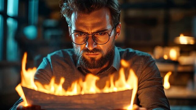 Focused man burning document in dark study