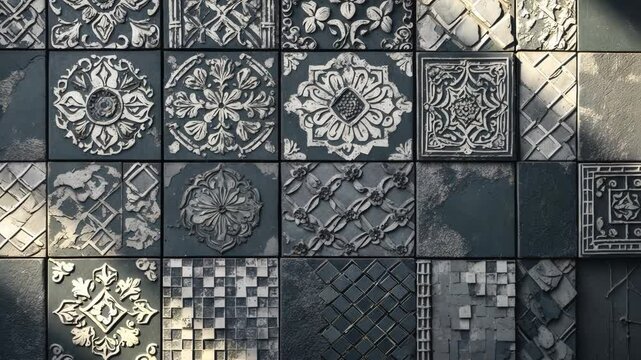 Vintage gray distressed geometric patchwork mosaic tile wall texture backdrop panorama