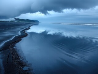 Tranquil coastal scene at dawn, reflecting moody sky