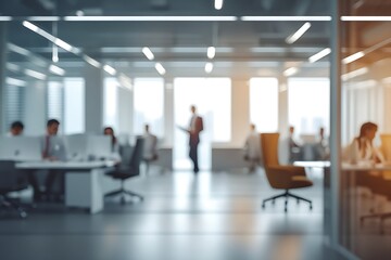 Abstract blurred interior modern office space with business people working banner background. abstract blurred background with a businessman working in a modern office space.



