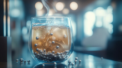 Bubble tea cup inside a glass fishbowl creating a unique beverage display in a cozy cafe
