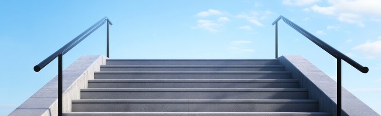 Photograph of gray concrete stairs leading up to an open blue sky