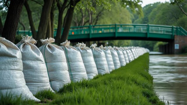 Flood defense with sandbag barriers along the river