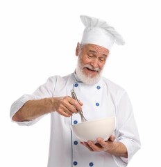 Professional pastry chef with whisk and bowl on white background