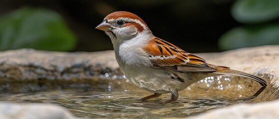 Small bird with reddish-brown head and back, grayish-white underparts, and dark streaks on wings, standing in a shallow birdbath