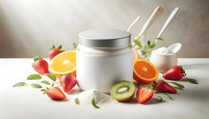 Collagen Supplements &ndash; Powder in a Modern Jar with Fresh Fruits