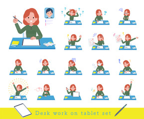 タブレット端末で学習する赤髪女性のセット