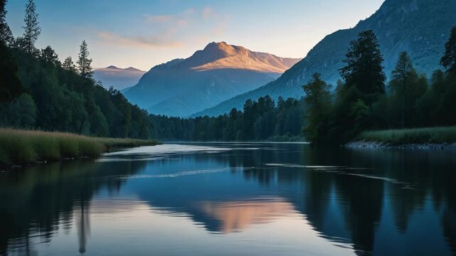 A tranquil river meanders through a serene landscape, reflecting the soft hues of sunrise. The gentle flow glimmers in the early light, carrying the murmurs of nature.