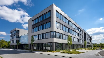 Obraz premium A modern multi-story office building with light gray facade, large glass windows, clear blue sky with white clouds, surrounded by paved paths and greenery.