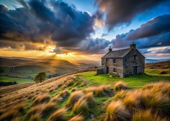 Lonely House on Peak District Moorland, Grindleford, Derbyshire, England - Long Exposure Photography