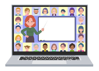 オンラインで授業を教えている赤髪女性のセット