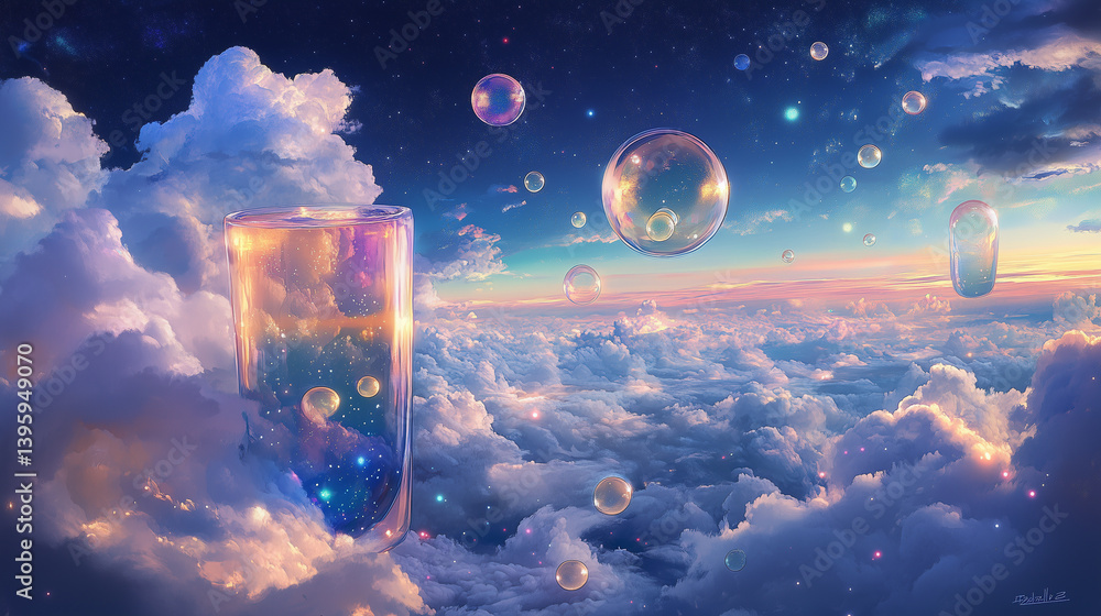 Aufkleber bubble tea cups float in a surreal high-altitude sky filled with colorful bubbles and clouds during 