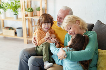 Joyful Caucasian Grandparents Laughing and Bonding with Their Grandchildren in a Well-Lit Cozy Home...
