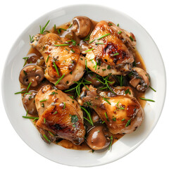 Overhead view of chicken drumsticks with mushrooms and herbs on a white plate against a black background